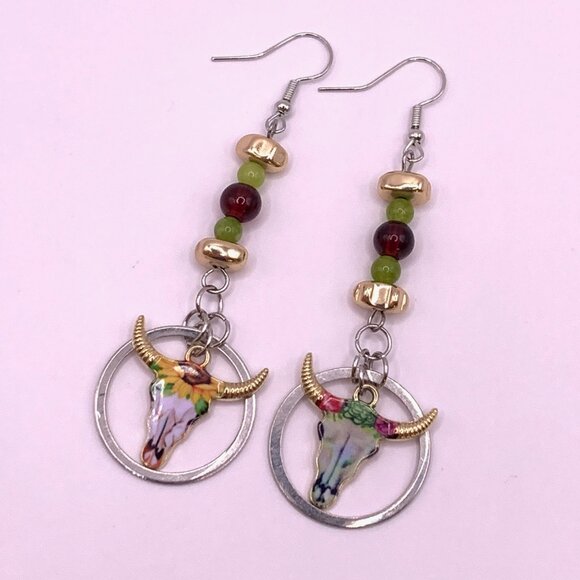 Long Horn Cow Cattle Skull Gemstone Beads Dangle Handmade Pierced Earrings LR130 - Picture 2 of 5